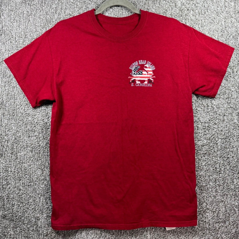 Gildan T-Shirt Heathered Red Hilton Head Island SC American Flag Crab Mens M